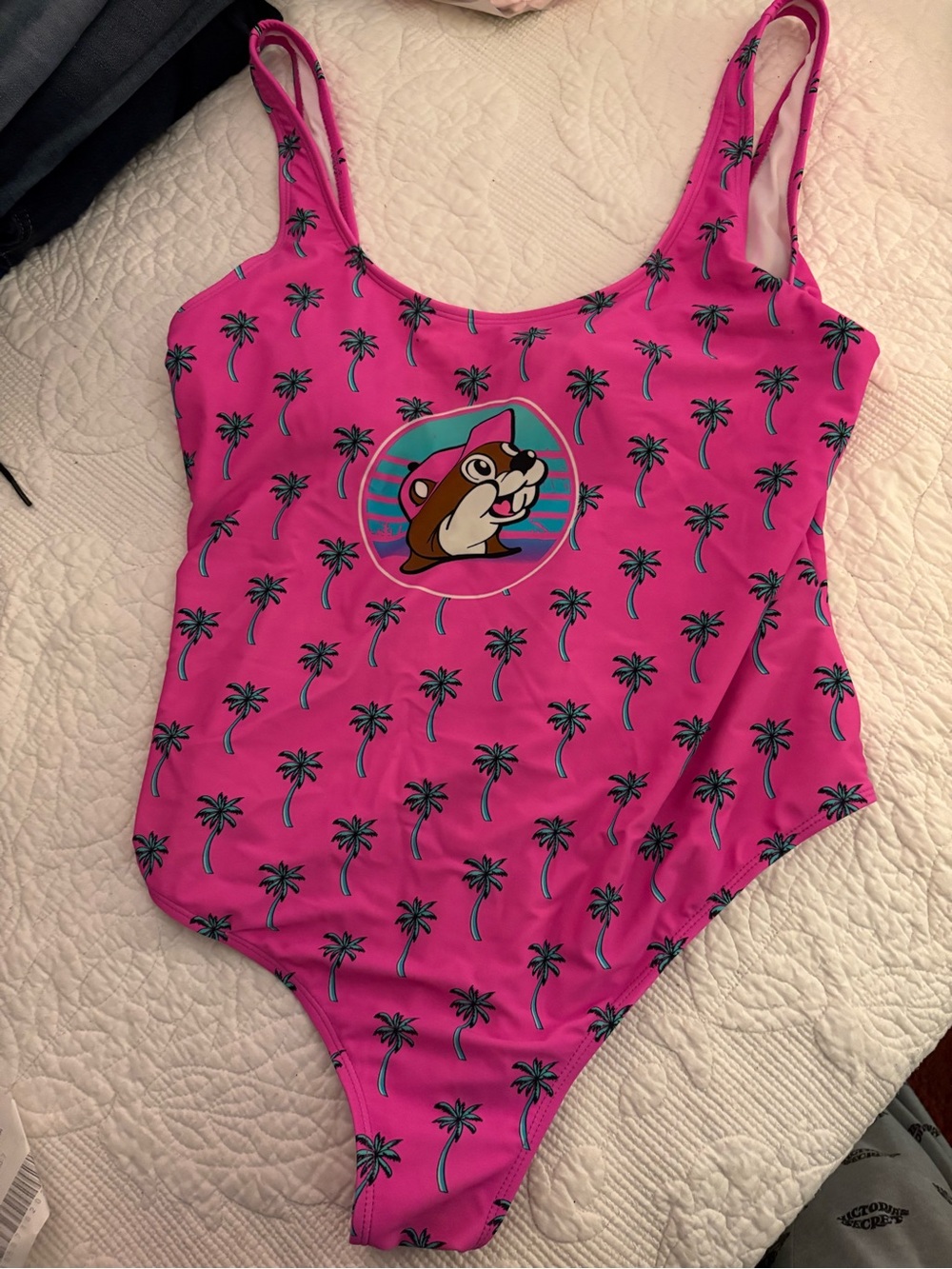 Hot Pink Buc-ees Palm Tree One-Piece Swimsuit with Beaver Buc-ees Logo Sz M